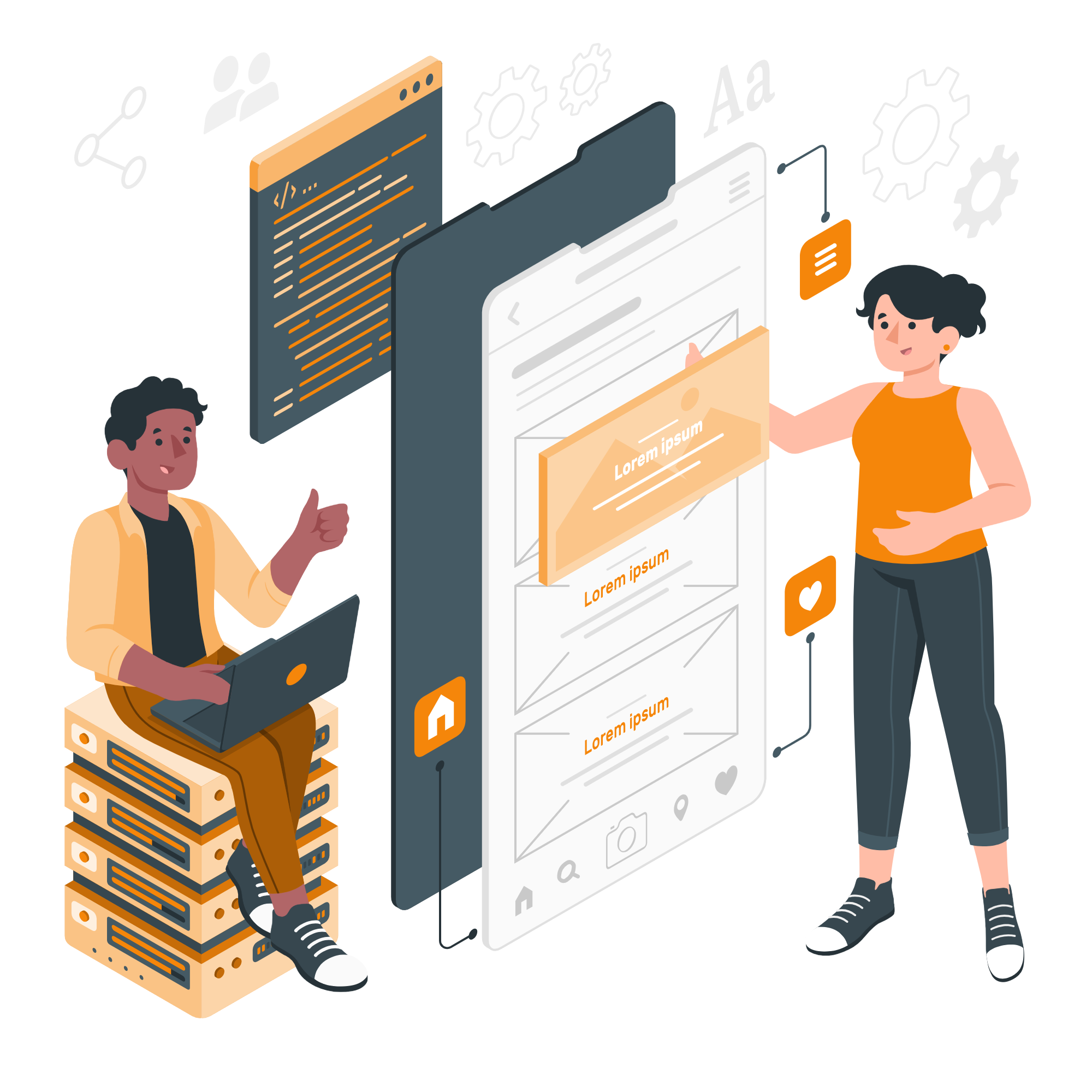 An illustrated concept of mobile app development in the USA, featuring developers working on a mobile UI/UX design, with coding elements, interface wireframes, and app icons in a modern, digital workspace. An illustrated concept of mobile app development in the USA, featuring developers working on a mobile UI/UX design, with coding elements, interface wireframes, and app icons in a modern, digital workspace.