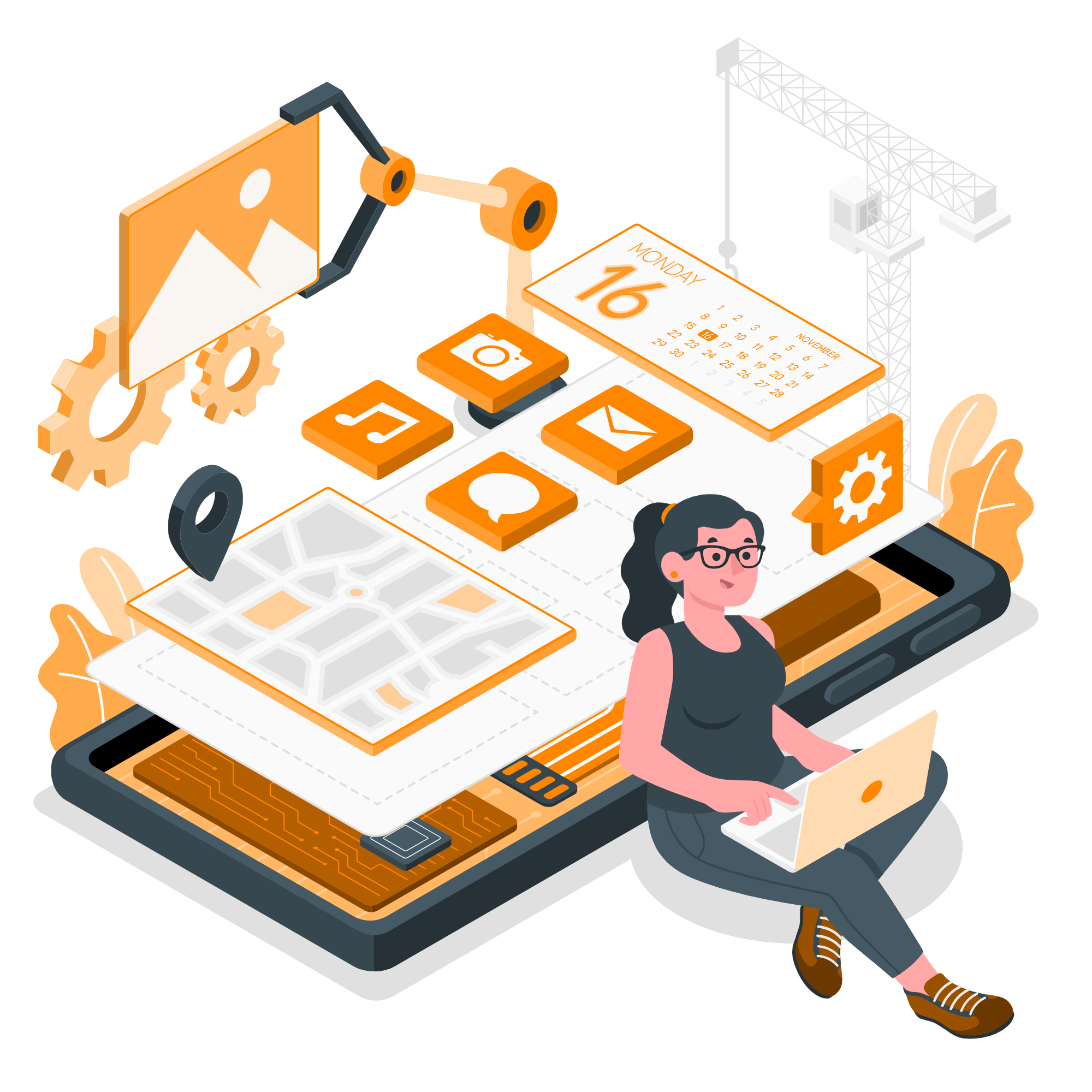 Illustration of mobile app development in the USA, showcasing UI/UX design, app features, and development tools with a female developer working on a laptop. Illustration of mobile app development in the USA, showcasing UI/UX design, app features, and development tools with a female developer working on a laptop.