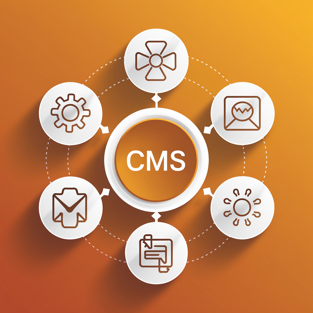 A CMS (Content Management System) icon in the center, surrounded by interconnected symbols representing various digital tools and functionalities on an orange gradient background.