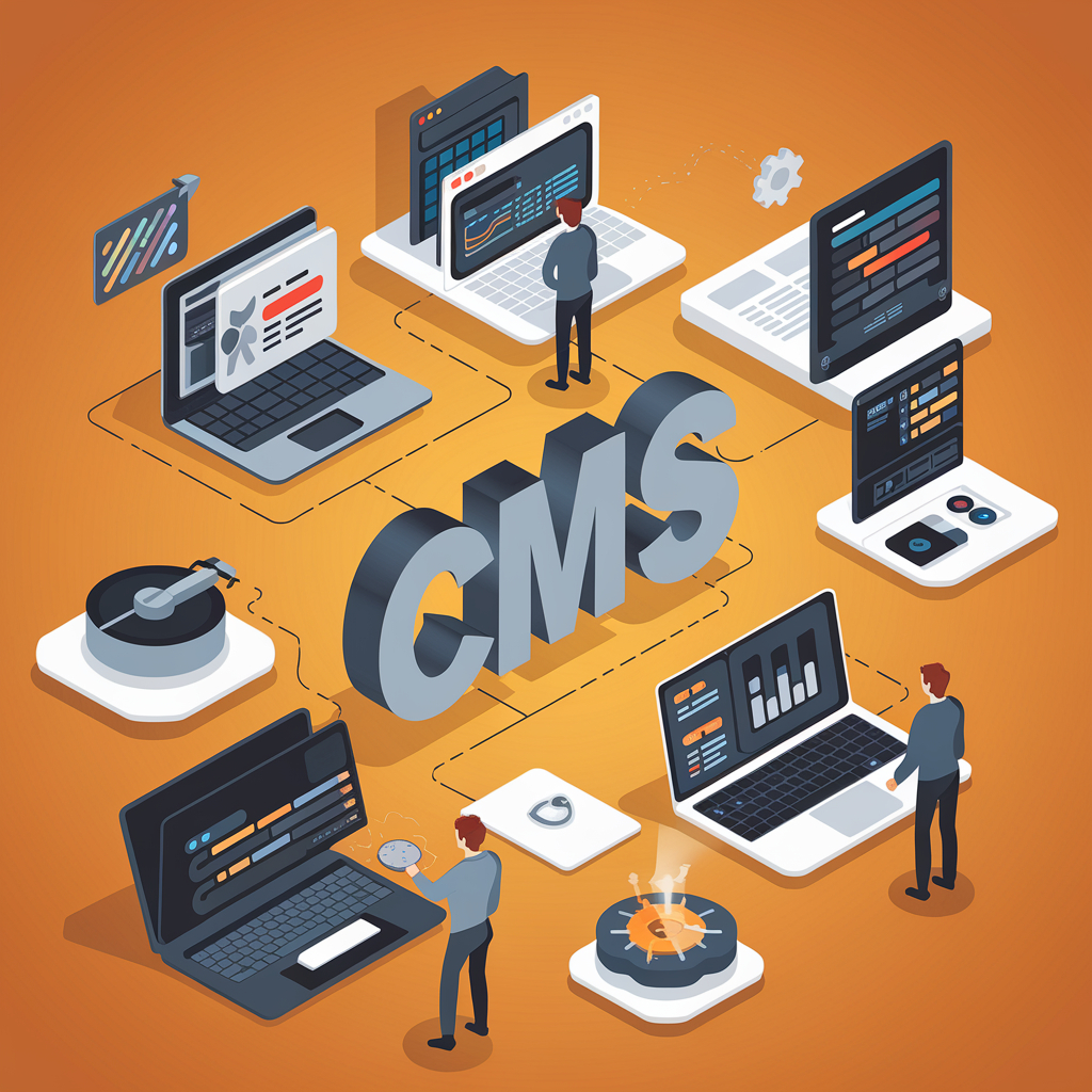 An isometric illustration of a CMS (Content Management System) concept, featuring multiple laptops, digital tools, and professionals working on website development and content management, all interconnected on an orange background.