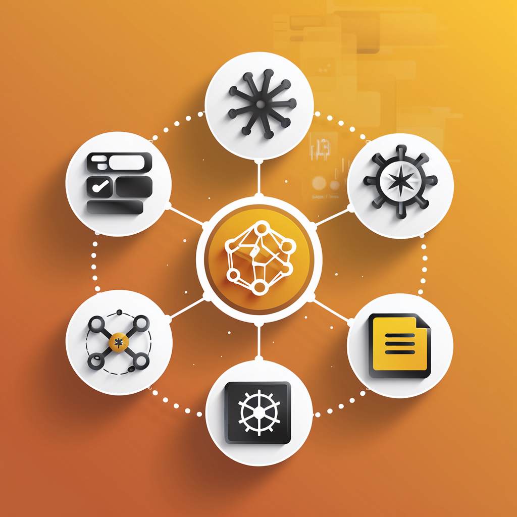 A futuristic, abstract illustration of a networked digital system, featuring interconnected icons representing data management, automation, and content organization on an orange background.