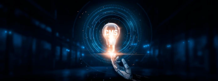  A robotic hand reaching towards a glowing light bulb with CMS written on it, symbolizing innovation in content management systems.