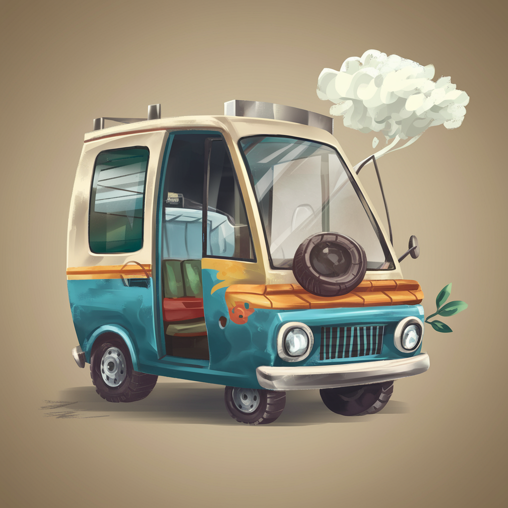 Whimsical, cartoon-style illustration of a small, vintage camper van with a colorful, slightly worn exterior. The van has a blue and yellow paint job with a playful fish design, an open sliding door revealing a cozy interior, a spare tire mounted on the front, and an exhaust pipe that emits a puff of cloud-like smoke. The vehicle appears slightly tilted, giving it a quirky, charming character.