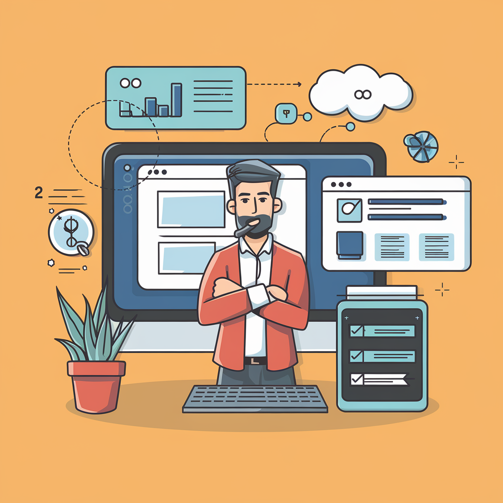 Illustration of a bearded man in a red jacket standing confidently with crossed arms in front of a computer screen, surrounded by digital elements like charts, graphs, cloud storage, a checklist, and financial icons. The scene represents digital marketing, business analytics, or project management in a modern, tech-driven environment. 