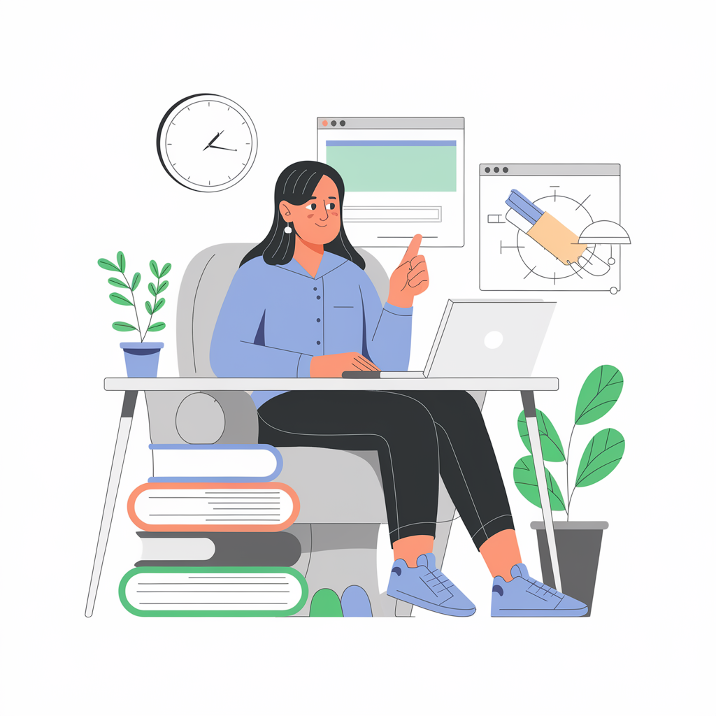 Illustration of a woman sitting at a desk with a laptop, wearing a blue shirt and black pants, pointing upwards as if sharing an idea. Surrounding her are digital interface elements, books stacked beside her chair, a clock on the wall, and potted plants, representing online learning, remote work, or digital creativity.